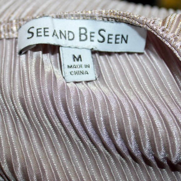 SEE AND BE SEEN Medium Dark Gold Swing Dress Pleated Ruffle Shimmer Party - Picture 4 of 4